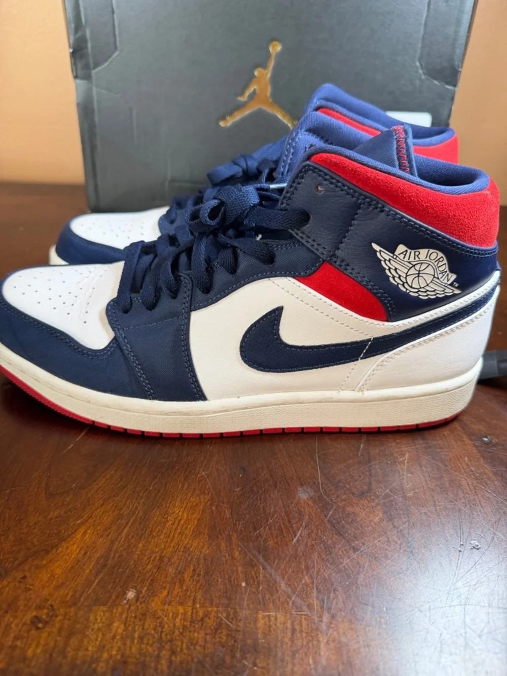 Jordan Air 1 Mid in Navy, White & Red‎